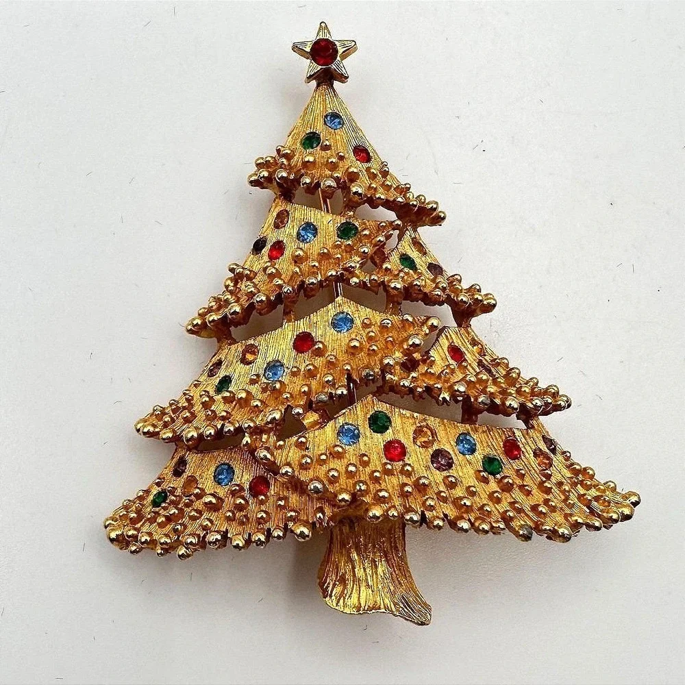Vintage 90s Christmas‎ Tree Rhinestone Brooch Pin Gold Tone Fashion Jewelry